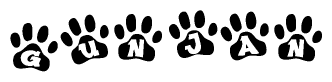 The image shows a row of animal paw prints, each containing a letter. The letters spell out the word Gunjan within the paw prints.