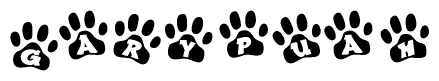 The image shows a series of animal paw prints arranged horizontally. Within each paw print, there's a letter; together they spell Garypuah