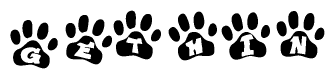 The image shows a series of animal paw prints arranged in a horizontal line. Each paw print contains a letter, and together they spell out the word Gethin.