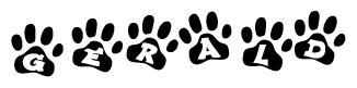 The image shows a series of animal paw prints arranged in a horizontal line. Each paw print contains a letter, and together they spell out the word Gerald.