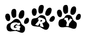 The image shows a series of animal paw prints arranged horizontally. Within each paw print, there's a letter; together they spell Gry