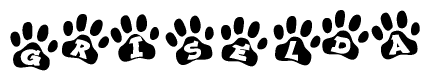 The image shows a row of animal paw prints, each containing a letter. The letters spell out the word Griselda within the paw prints.