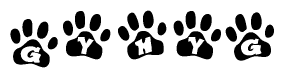 The image shows a row of animal paw prints, each containing a letter. The letters spell out the word Gyhyg within the paw prints.