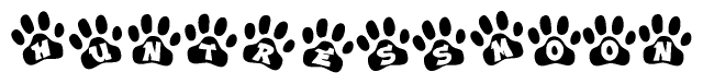 The image shows a series of animal paw prints arranged horizontally. Within each paw print, there's a letter; together they spell Huntressmoon