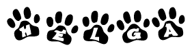The image shows a series of animal paw prints arranged horizontally. Within each paw print, there's a letter; together they spell Helga