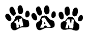 The image shows a series of animal paw prints arranged horizontally. Within each paw print, there's a letter; together they spell Han