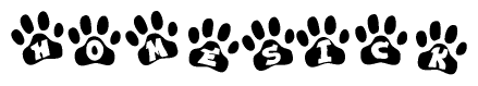 The image shows a series of animal paw prints arranged in a horizontal line. Each paw print contains a letter, and together they spell out the word Homesick.