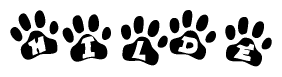 The image shows a series of animal paw prints arranged in a horizontal line. Each paw print contains a letter, and together they spell out the word Hilde.