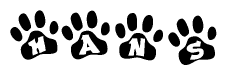 The image shows a series of animal paw prints arranged in a horizontal line. Each paw print contains a letter, and together they spell out the word Hans.