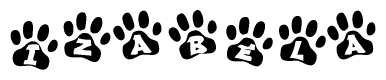 The image shows a row of animal paw prints, each containing a letter. The letters spell out the word Izabela within the paw prints.