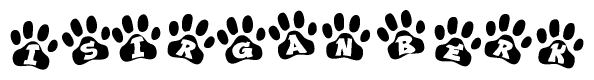 The image shows a row of animal paw prints, each containing a letter. The letters spell out the word Isirganberk within the paw prints.