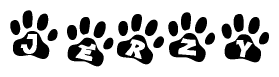 The image shows a series of animal paw prints arranged in a horizontal line. Each paw print contains a letter, and together they spell out the word Jerzy.