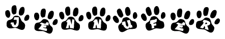 The image shows a row of animal paw prints, each containing a letter. The letters spell out the word Jennufer within the paw prints.