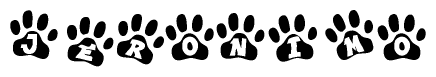 The image shows a series of animal paw prints arranged in a horizontal line. Each paw print contains a letter, and together they spell out the word Jeronimo.