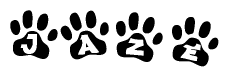 The image shows a series of animal paw prints arranged horizontally. Within each paw print, there's a letter; together they spell Jaze
