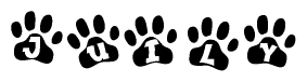 The image shows a series of animal paw prints arranged in a horizontal line. Each paw print contains a letter, and together they spell out the word Juily.