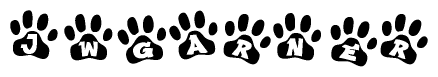 The image shows a series of animal paw prints arranged in a horizontal line. Each paw print contains a letter, and together they spell out the word Jwgarner.