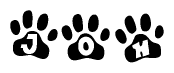The image shows a series of animal paw prints arranged horizontally. Within each paw print, there's a letter; together they spell Joh
