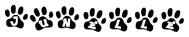 The image shows a series of animal paw prints arranged in a horizontal line. Each paw print contains a letter, and together they spell out the word Junelle.