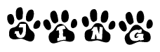 The image shows a row of animal paw prints, each containing a letter. The letters spell out the word Jing within the paw prints.