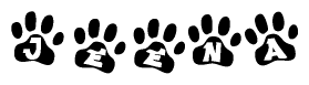 The image shows a series of animal paw prints arranged in a horizontal line. Each paw print contains a letter, and together they spell out the word Jeena.