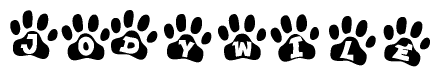 The image shows a series of animal paw prints arranged horizontally. Within each paw print, there's a letter; together they spell Jodywile