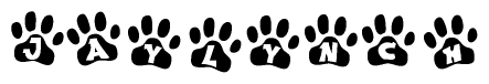 The image shows a row of animal paw prints, each containing a letter. The letters spell out the word Jaylynch within the paw prints.