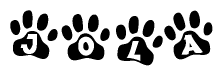 The image shows a series of animal paw prints arranged horizontally. Within each paw print, there's a letter; together they spell Jola