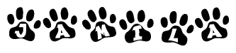 The image shows a row of animal paw prints, each containing a letter. The letters spell out the word Jamila within the paw prints.