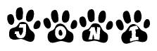 The image shows a series of animal paw prints arranged horizontally. Within each paw print, there's a letter; together they spell Joni