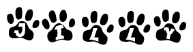 The image shows a row of animal paw prints, each containing a letter. The letters spell out the word Jilly within the paw prints.