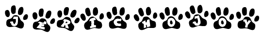 The image shows a series of animal paw prints arranged in a horizontal line. Each paw print contains a letter, and together they spell out the word Jerichojoy.