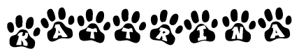 The image shows a series of animal paw prints arranged in a horizontal line. Each paw print contains a letter, and together they spell out the word Kattrina.