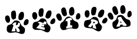 The image shows a series of animal paw prints arranged in a horizontal line. Each paw print contains a letter, and together they spell out the word Keira.