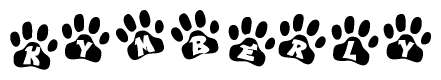 The image shows a series of animal paw prints arranged in a horizontal line. Each paw print contains a letter, and together they spell out the word Kymberly.