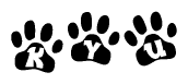The image shows a row of animal paw prints, each containing a letter. The letters spell out the word Kyu within the paw prints.