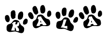 The image shows a series of animal paw prints arranged in a horizontal line. Each paw print contains a letter, and together they spell out the word Kala.