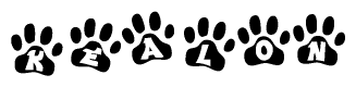The image shows a series of animal paw prints arranged in a horizontal line. Each paw print contains a letter, and together they spell out the word Kealon.