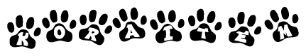 The image shows a row of animal paw prints, each containing a letter. The letters spell out the word Koraitem within the paw prints.