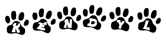The image shows a series of animal paw prints arranged in a horizontal line. Each paw print contains a letter, and together they spell out the word Kendyl.