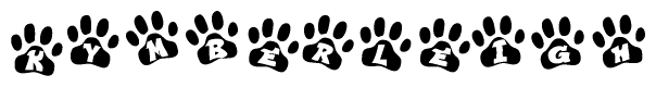 The image shows a row of animal paw prints, each containing a letter. The letters spell out the word Kymberleigh within the paw prints.