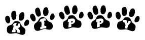 The image shows a series of animal paw prints arranged horizontally. Within each paw print, there's a letter; together they spell Kippy