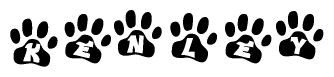 The image shows a series of animal paw prints arranged in a horizontal line. Each paw print contains a letter, and together they spell out the word Kenley.