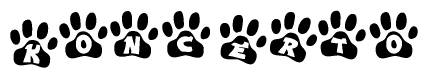 The image shows a series of animal paw prints arranged in a horizontal line. Each paw print contains a letter, and together they spell out the word Koncerto.