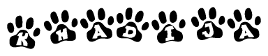The image shows a series of animal paw prints arranged in a horizontal line. Each paw print contains a letter, and together they spell out the word Khadija.
