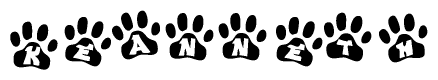 The image shows a row of animal paw prints, each containing a letter. The letters spell out the word Keanneth within the paw prints.