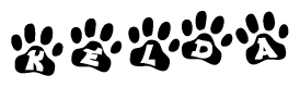The image shows a row of animal paw prints, each containing a letter. The letters spell out the word Kelda within the paw prints.