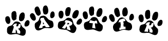 The image shows a series of animal paw prints arranged horizontally. Within each paw print, there's a letter; together they spell Kartik