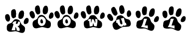 The image shows a series of animal paw prints arranged horizontally. Within each paw print, there's a letter; together they spell Koowull