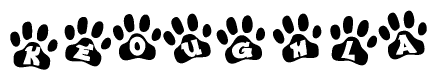 The image shows a series of animal paw prints arranged horizontally. Within each paw print, there's a letter; together they spell Keoughla